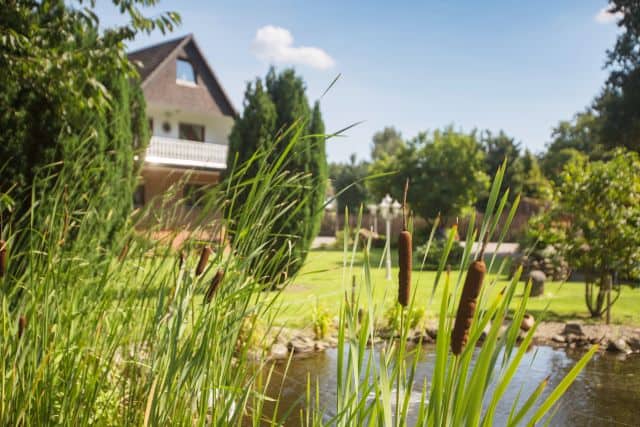 Zimmer Pension Schmidt Garten Garten mit Teich in der Pension Schmidt bei Hamburg